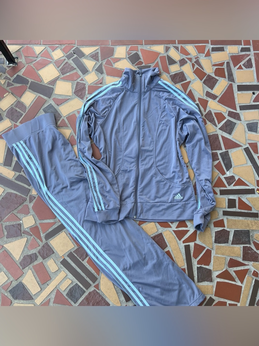 Y2K adidas Women's Gray Track Jacket and Pants Set with Light Blue Stripes